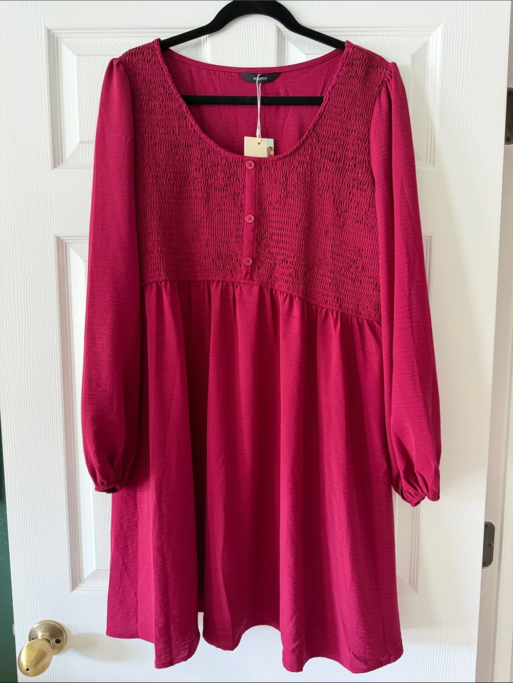Smocked Yoke Long Sleeve Dress in Fuchsia Pink
